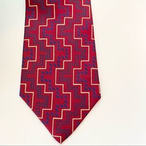 Metropolitan Museum of Art Red Silk Tie Geometric Pattern w/ Blue + White